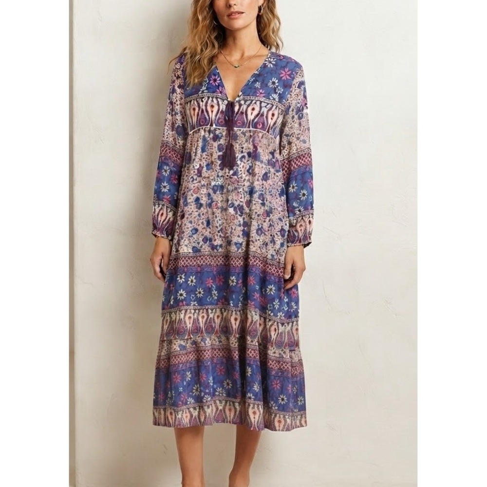 R. Vivimos Dress Women's Sz Small V‑Neck Midi Maxi Floral Boho Festival Resort